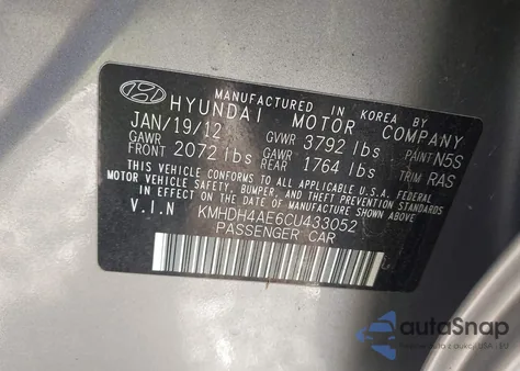 2012 Hyundai Elantra Gls (Ulsan Plant) from USA, damaged, VIN KMHDH4AE6CU433052
